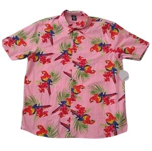 Neff Aloha Hawaiian Pink Button Down Shirt with Macaws Parrots, size Large